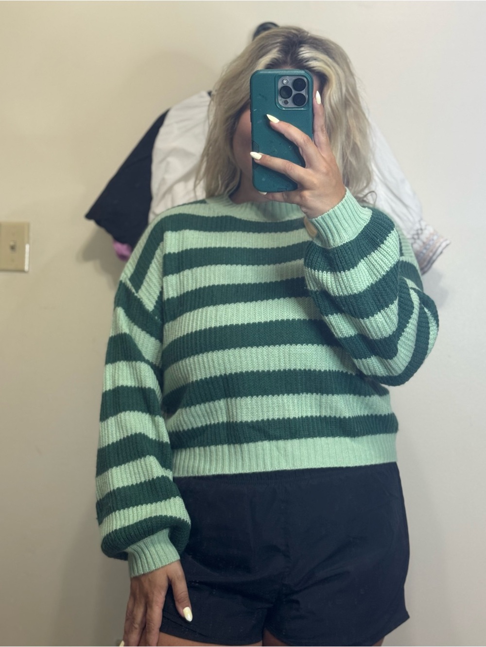 Mint and Forest Green Striped Crewneck Sweater
